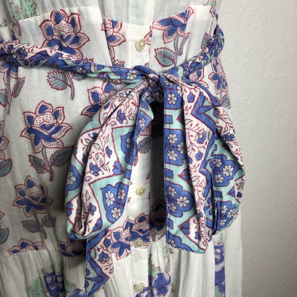 Oliphant Portofino white blue floral button front ruffle trim maxi dress Small - Picture 6 of 16